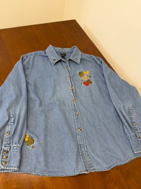 Holiday Editions Tops - Vintage 90s Fall Leaves Embroidered Cotton Button Down Shirt Blue 2X